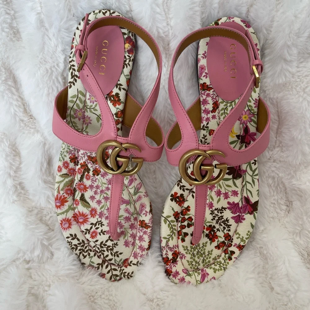 Gucci Pink Floral Leather T-Strap Sandals with Gold Double G - Picture 3 of 6